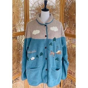 Vintage Northern Reflections Teal Fleece Embroidered Country Farm Horses Jacket